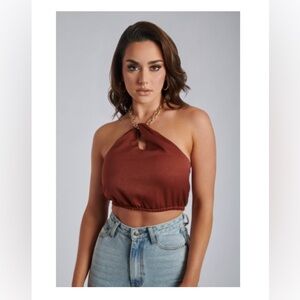 MESHKI Esta Chain Halter Twist Crop - Chocolate (size M) BRAND NEW! NEVER WORN!